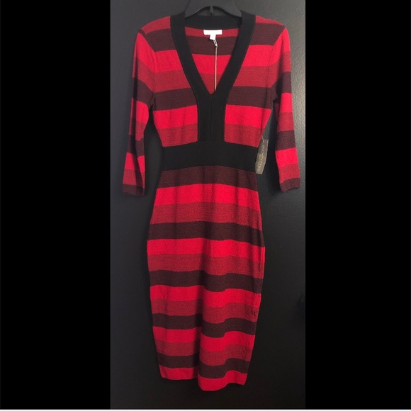 New York & Company Dresses & Skirts - NY&Co 🔥 Red and Black Striped V‑Neck Midi Dress